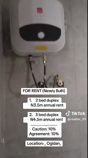 FOR RENT (Newly Built) 1. 2 bed duplex N3.5m annual rent 2. 3 bed duplex N4.5m annual rent ........................ Caution: 10% Agreement: 10% Location: , Ogidan,