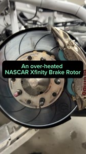 What a brake rotor looks like after getting too hot in the NASCAR Xfinity Series race at Martinsville. Cracks are bad, eventually they explode. Also there was another crack below as well. All a part of pushing the boundaries of these 3400 behemoths we call stockcars 🤙 | Parker Kligerman