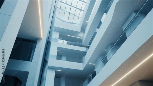 Modern architectural interior features an impressive multi level atrium with a glass skylight, minimalist design, and clean lines, creating a bright, futuristic, and open workspace environment