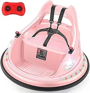 ELEMARA Bumper Car for Kids,1.9mph Max,12V Toddler Ride on Toys with Remote Control,2-Speed,2 Playing Modes,360 Degree Spin,Bumping Toy Gifts W/Bluetooth,5 LED Lights Modes,DIY Stickers,Pink
