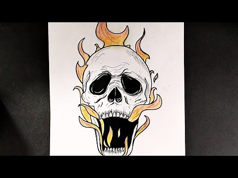 How to draw a skull with fire || Flaming Skull tattoo drawing