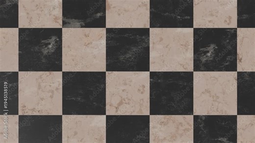Checkerboard pattern of black and beige marble tiles scrolling horizontally seamless loop, 4K resolution, 3d rendering.