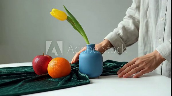 Serene table setting with yellow tulip, apple, and orange