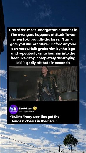 One of the most unforgettable scenes in The Avengers happens at Stark Tower when Loki proudly