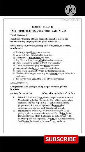 12th English Grammar Unit 2 Prepositions Textbook Exercise Solutions TN English Class 12 Preposition