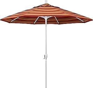 California Umbrella 9' Round Aluminum Market Umbrella, Crank Lift, Push Button Tilt, White Pole, Astoria Sunset