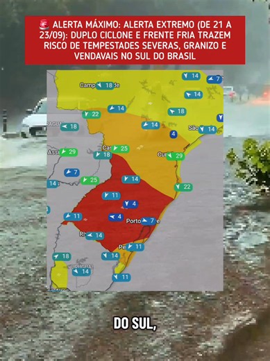 ⚠️ ALERTA EXTREMO (de 21 a 23/09): Duplo ciclone e frente fria trazem risco de tempestades severas, granizo e vendavais no Sul do Brasil! O avanço desse sistema meteorológico crítico atinge em cheio os estados do Rio Grande do Sul, Santa Catarina e Paraná. Cidades como Porto Alegre, Caxias do Sul, Passo Fundo, Pelotas, Florianópolis, Chapecó, Lages, Criciúma, Curitiba, Foz do Iguaçu e Cascavel devem reforçar a atenção entre amanhã, segunda-feira (21/09), e quarta-feira (23/09) devido ao risco de