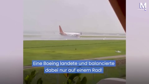 Schocklandung: Flugzeug balanciert auf einem Rad im Sturm