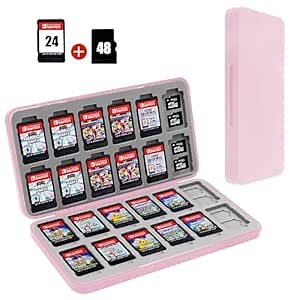 FYY Nintendo Switch Game Case Holder for Switch 2 Cartridge Case with 24 Game Card Slots & 48 Micro SD Card Slots, Hard Shell, Silicone Lining Pink