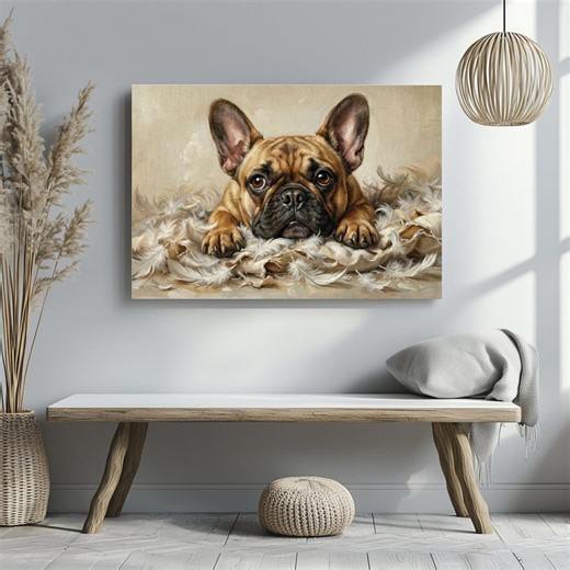 French Bulldog Feather Mess Canvas Wall Art Realistic Oil Painting Large Living Room Decor - Etsy