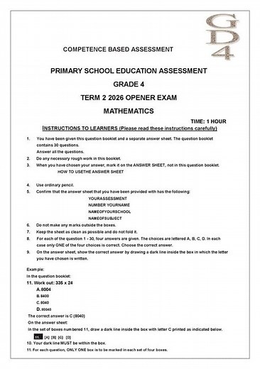 Grade 4 Mathematics Opener Exam Term 2 2026 with Marking Scheme