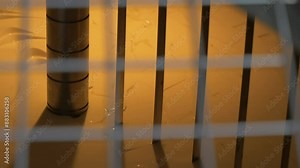 Dairy food production. Modern Factory of Cheese and Cottage Cheese Production. Mixing Machine cuts liquid substance of future cheese. Automated industrial line. Conveyor. Close Up, Metal Grid view