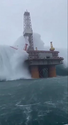 Boat POV: Massive Wave Hitting an North Sea Oil Rig