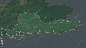 South East, region with its capital, zoomed and extruded on the relief map of United Kingdom in the conformal Stereographic projection. Animation 3D
