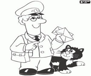 Postman Pat with a cat and the mail coloring page printable game