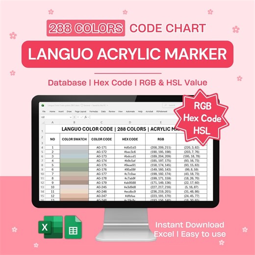 Languo Acrylic Marker Color Code Chart | 288 Colors | Excel File | HEX RGB HSL Code - Etsy