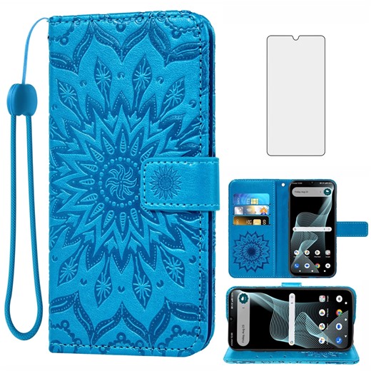 Compatible with Cricket Icon 6 SL219C/AT&T Verge SL219A Wallet Phone Case and Tempered Glass Screen Protector Flip Credit Card Holder Stand Mandala Flower Cell Cover for Icon6/ATT Women Men Blue