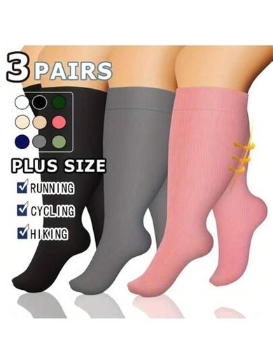 3 Pairs Unisex Extra Large Compression Socks, Stretchy & Loose Fit, Easy To Put On And Off, Wide Ankle, 20-30 MmHg, High Elasticity Fatty Compression Socks Breathable For Cycling, Fitness, Running | SHEIN
