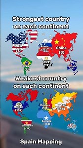 Strongest and Weakest country on each continent #geography #europe #mapping #history #shorts