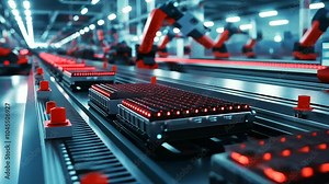 A detailed look at EV battery cells being aligned in perfect rows as they move along the assembly line, with robotic machinery meticulously securing components