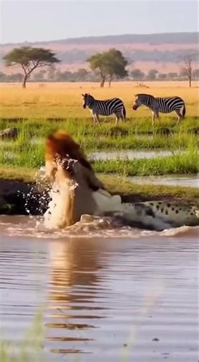 Epic lion vs. croc battle at the watering hole! 🦁🐊 #wildlife #viral #nature #safari #crocodile