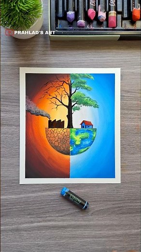 🌍✨ Save Earth Drawing | Pollution vs Nature 🌳🔥 | Oil Pastel Art #drawing #art
