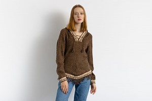 90s Vintage Alpaca Hand Made in Peru Knitwear Woolknit Brown Ornament Wool Jumper Sweater / Woman Wool Sweater With a Hood - Etsy
