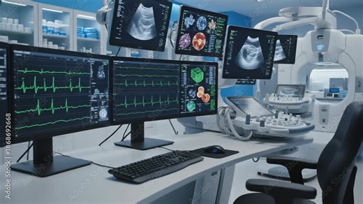A modern medical examination room featuring advanced diagnostic machinery and screens showing ultrasound images and vital signs for diagnosis and patient care.