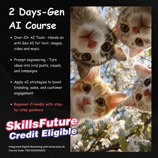 💡 高达70%津贴 | 可使用SkillsFuture Credit & UTAP补助！ 在这个“不会AI就会被淘汰”的时代，内容创作者、企业老板、行销人都面临同样的痛点：创意太多但时间不够、内容想法枯竭、拍视频不会剪、发帖没人看。😩 如果你也有这样的烦恼——别担心，AI可以帮你搞定！ 从构思短视频脚本、生成视觉图像，到自动排程发帖、优化内容表现，全程用AI助攻。课程涵盖超过20种AI工具，包括ChatGPT、DALL·E、Runway、Suno、CapCut等，让你从“不会”到“玩转AI”，轻松打造属于你的内容品牌与行销活动。 即使你不是科技达人，也能用AI打造爆款内容、经营社群、提升品牌曝光，无论你是创作者、行销人、讲师、自雇者，还是企业老板，都能从中获益。 Integrated Digital Marketing with Generative AI 课程编号：TGS-2023041023 📩 想了解更多？留言「INFO」或直接私讯我们！ WhatsApp: wa.me/6588113817 WhatsApp: wa.me/6587182308 | SOQ Internat