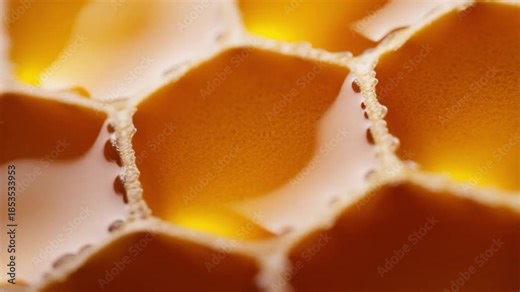 A magical macro timelapse of honey crystallizing inside hexagonal honeycomb cells with texture transforming to opaque crystalline, concept of natural chemistry and organic patterns