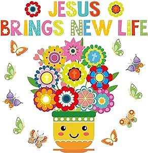 Spring Christian Flower Bulletin Board Decorations Set Religious Easter Bulletin Board with Flower Butterfly Cutouts Jesus Brings New Life Craft for Party School Classroom Home Wall