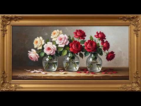 Frame TV Art: Classic Multi-Color Roses Bouquet in Impasto Glow | 4K Ambient Art