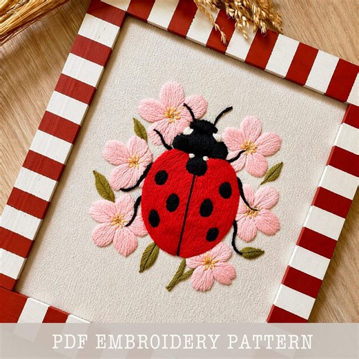 Ladybug Embroidery Pattern PDF Digital Download Floral Insect Design Beginner Hoop Art Satin Stitch Wall Decor Spring Craft Printable - Etsy