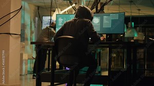 Woman hacker planning phishing and espionage at night, trying to break server firewall for cryptojacking or cyberbullying. Criminal hacking network system on computer, anonymous.