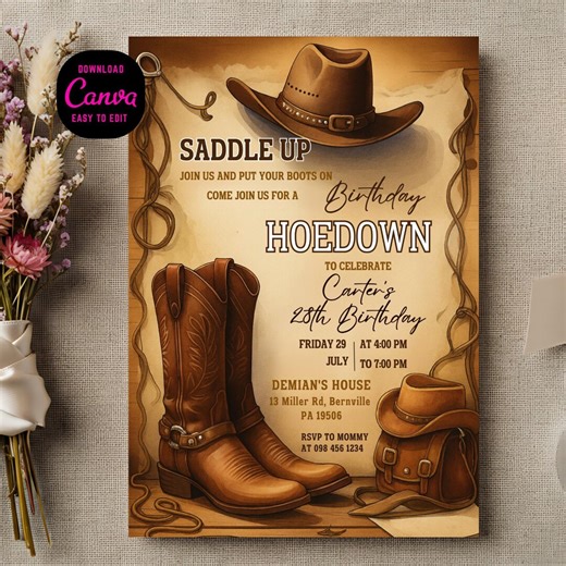 Invitación de cumpleaños de vaquero del oeste / Invitación a fiesta de montar a caballo / Plantilla editable de Canva / Descarga digital imprimible - Etsy México