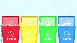 2D Animation of all sorts of rubbish falling into colorful plastic waste bins with copy space Stock Video
