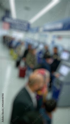 Anonymous travelers waiting in a long queue at an airport terminal for border control and ESTA authorization, a necessary requirement for entering the United States under the Visa Waiver Program