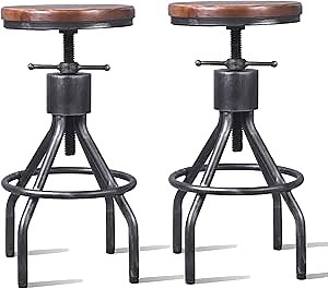 LOKKHAN Set of 2 Industrial Bar Stool-Vintage Adjustable Round Wood Metal Swivel Bar Stool-Cast Iron-23-30 Inch Tall Counter Bar Height Farmhouse Kitchen Stools