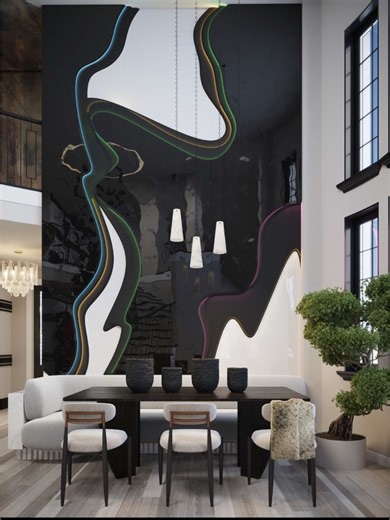 When art, light, and architecture COLLIDE… ✨✨✨ This custom wall feature isn’t just decor—it’s a moment. Sculpted with flowing forms and embedded with programmable LED lighting, it transforms this space from elegant to electric. Whether it’s daytime drama or moody evening glow, this installation anchors the room with unapologetic personality and modern edge. Design that stops you mid-staircase. Let’s talk about how we can bring bold into your home. #home #interiordesign #interior #decortips #tikt