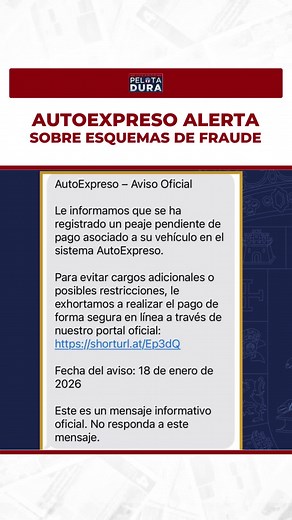 AutoExpreso alerta sobre esquemas de fraude - El secretario del Departamento de Asuntos del Consumidor (DACO), Hiram Torres Montalvo alertó a la ciudadanía sobre un nuevo esquema de fraude en el sistema de AutoExpreso. Según Torres Montalvo, la modalidad de fraude consiste en el envío de un mensaje de texto que indica “peaje pendiente de pago asociado a su vehículo en el sistema AutoExpreso”. A su vez, el Secretario recalcó que si reciben este mensaje, no accedan al enlace provisto y que se comu