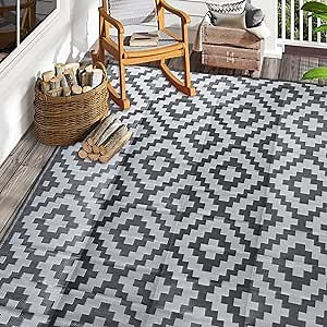 SAND MINE Waterproof Outdoor Rug 9x12 ft, Plastic Reversible Rug, Modern Area Rug, Large Floor Mat for Outdoors, RV, Patio, Backyard, Deck, Picnic, Beach, Camping, Black Grey Lattice