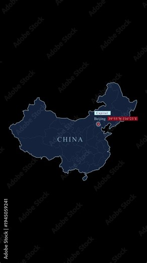 Animated map of China with administrative divisions and capital city Beijing, vertical format for social media