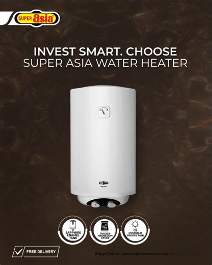 Tired of geyser repairs and replacements? Super Asia Water Heaters feature extended-life magnesium rods that protect against corrosion, giving you years of trouble-free performance. #SuperAsia #HomeAppliances #AitebarHarNaslKa #WaterHeater #InstantComfort #WinterEssentials | Super Asia