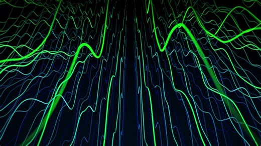 Looped screensaver with green and blue curves slowly floating and falling down on a dark background