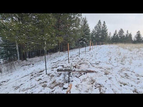 Putting on T-post, clips and cedar fence stays.