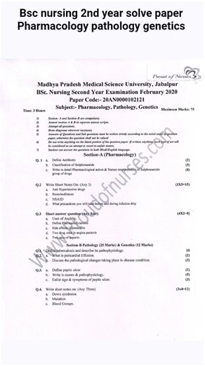 bsc nursing 2nd year Pharmacology pathology genetics solve paper 2020 MPMSU#nursing degree#exam#nots