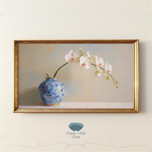 Chinoiserie Orchid Frame TV Art | White Orchid Still Life | Blue & Gold Vase Decor | Elegant Botanical | 4K Digital Download - Etsy