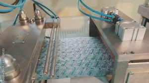 Blister packing of tablets. Tablet manufacturing process. Industrial interior at a pharmaceutical factory