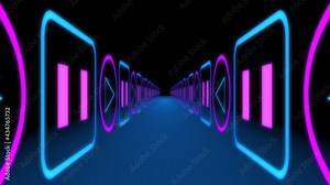 Geometric neon lighting in the room made of audio and video symbols and icons