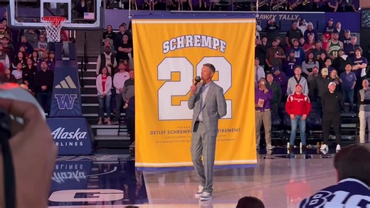 DETLEF SCHREMPF JERSEY RETIRED AT UW: Former Centralia Tiger and NBA All-Star Detlef Schrempf speaks at a ceremony after his number is retired by the University of Washington in Seattle on Saturday, Feb. 28. On June 14, 2001, Schrempf, a former Centralia High School exchange student from Germany who was coached by Centralia basketball coach Ron Brown, retired from his career with the National Basketball Association. He was on the Tiger state basketball championship team in 1981. From Go Huskies: